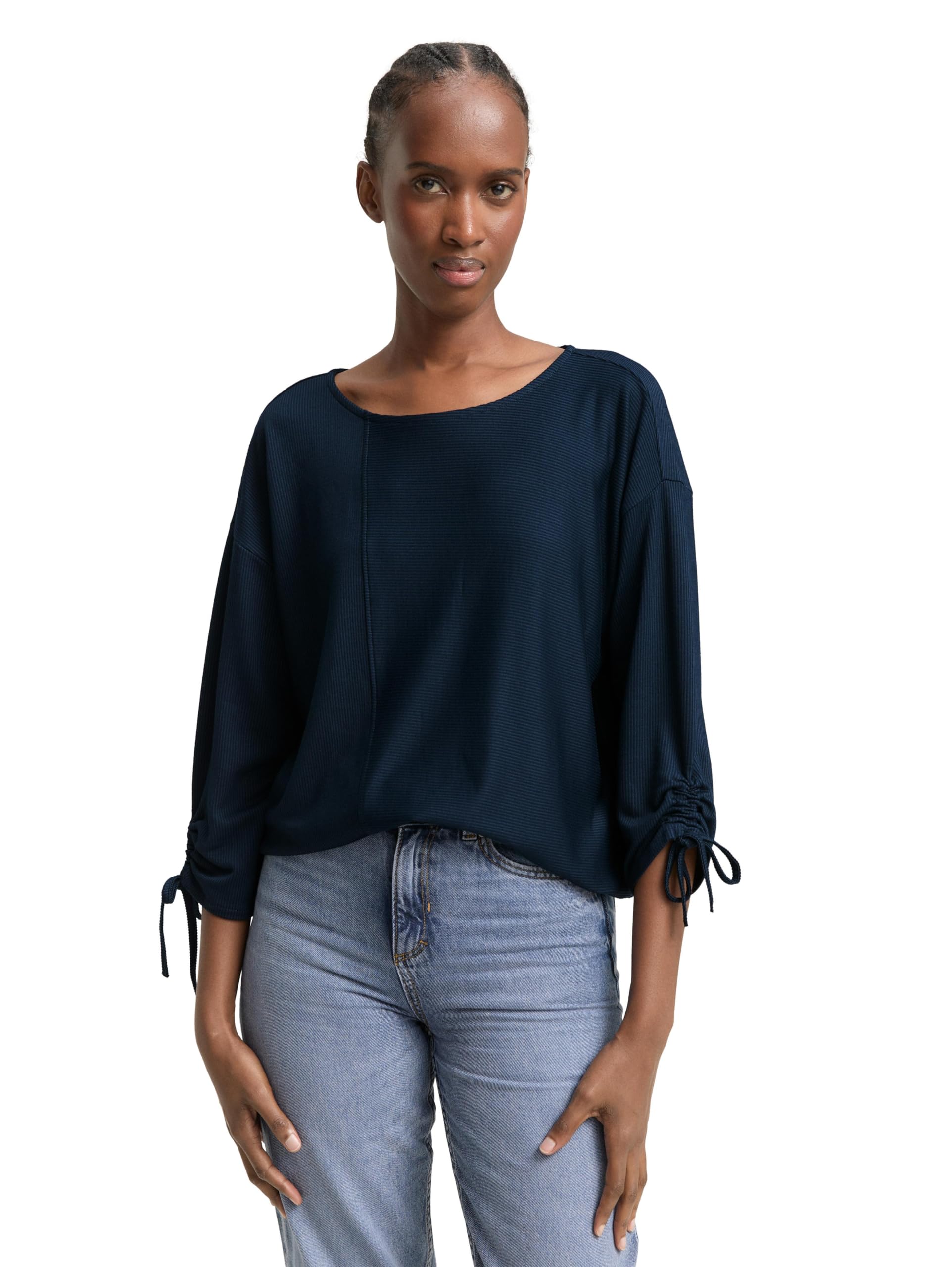 TOM TAILOR Denim Damen Loose Fit Longsleeve mit Streifen & Raffarm - Comfortable & Stylish für jeden Tag - 34x3|TO.40